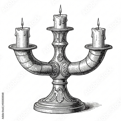 Detailed illustration of an elegant candelabra with three candles on a white background in a vintage style