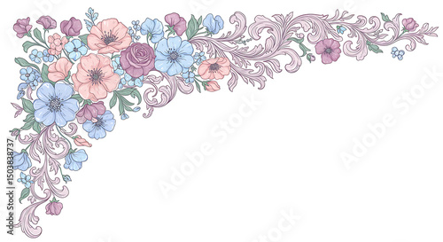 Pastel Floral Corner Ornament with Intricate Swirls and Delicate Blossoms
