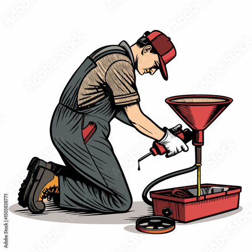 Create a vector illustration of a bold-lined, strong mechanic confidently performing complex engine repair work, showcasing detailed tools and machinery.