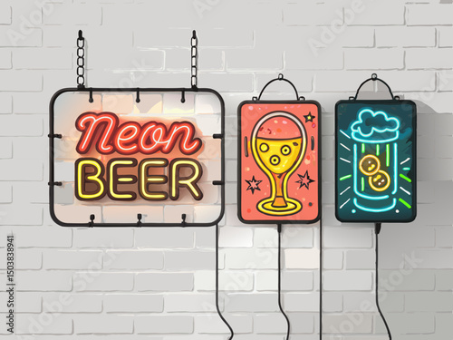 Design vibrant, glowing neon beer signs with bold vector strokes.  Include various beer styles & logos.
