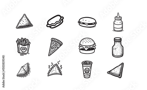 Hand-drawn food items: burger, drinks, pizza, samosa ,singara ,sandwich, fries, and sauce doddle.