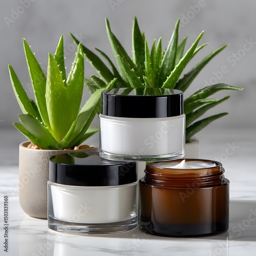 Three clear jars of cream, surrounded by succulents
