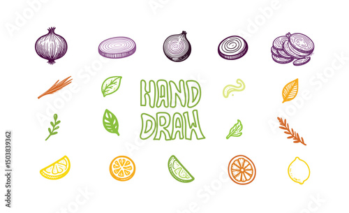  Hand-drawn colorful vegetable doodles, onion,  lemon, leaf item set.