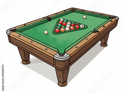 Create a vector illustration of a bold-stroke pool table with a vibrant green felt surface.  Include realistic details and sharp lines.