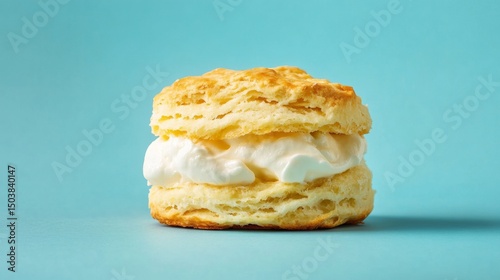 A buttermilk biscuit with cream on blue background