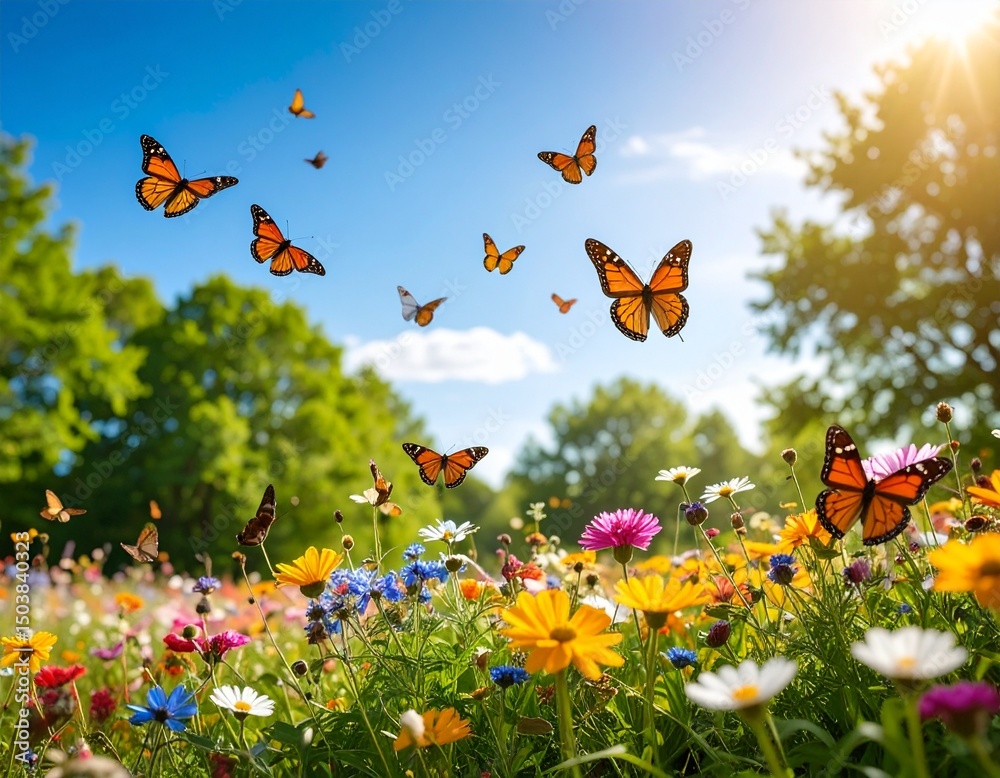 Vibrant meadow with colorful wildflowers and monarch butterflies flying around Vibrant meadow with colorful wildflowers and monarch butterflies flying around