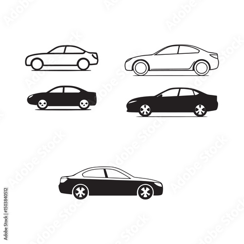 Set of black and white sedan car side view illustrations in silhouette and outline style