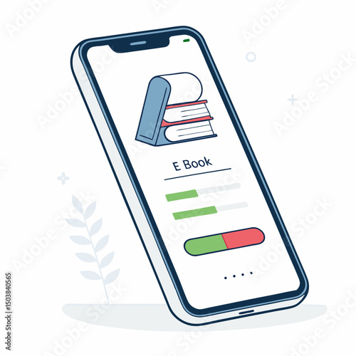 Create a vector illustration of a bold-stroke smartphone displaying an open ebook with letter "A" prominently featured.  The style should be clean and modern.