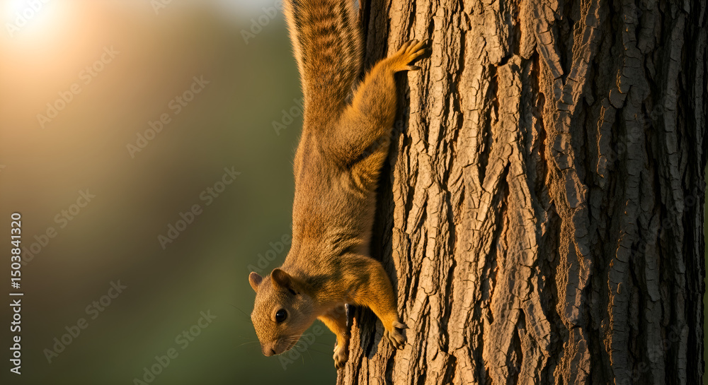 Fototapeta premium The squirrel climbing a tree trunk in early morning light
