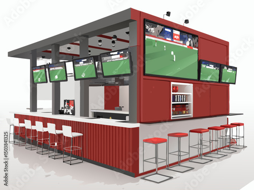 Design a bold, vector illustration of a lively sports bar with multiple screens displaying sporting events, showcasing a vibrant atmosphere.