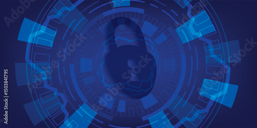 Futuristic padlock vector illustration. Cyber attack protection. Protection from virus attack. Global antivirus secure system. Abstract blue background with various technology elements.