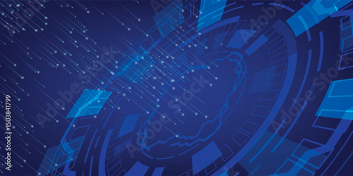 Futuristic padlock vector illustration. Cyber attack protection. Protection from virus attack. Global antivirus secure system. Abstract blue background with various technology elements.