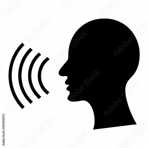 Black silhouette of head speaking with sound waves