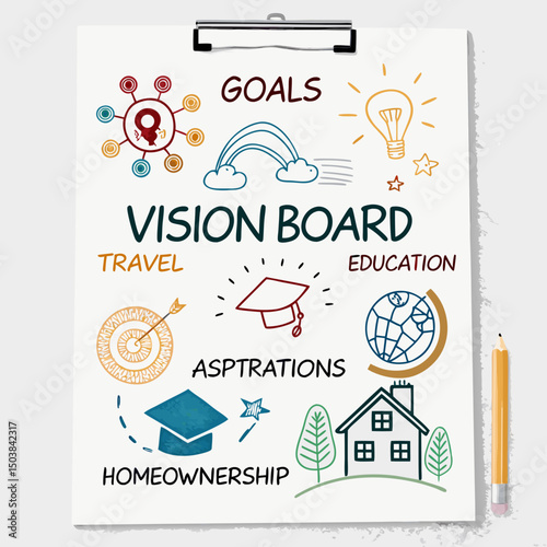 Design a bold, vector vision board illustrating a bright future.  Use thick strokes and vibrant colors.  Include symbolic imagery of achievement and success.