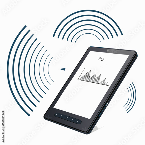 Design a bold, vector illustration of an eBook with a voice activation symbol, emphasizing a strong, thick stroke style.