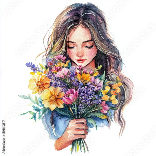 Wallpaper Mural Cute girl with a bouquet of flowers. Watercolor illustration on white isolated background Torontodigital.ca