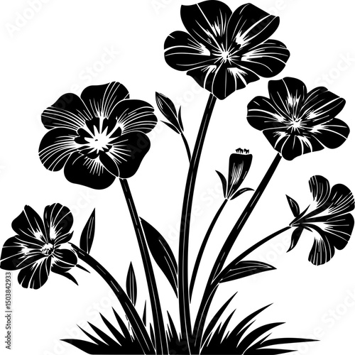 SVG illustration of roadside flowers.Elegant Black and White Floral Design with Detailed Petals