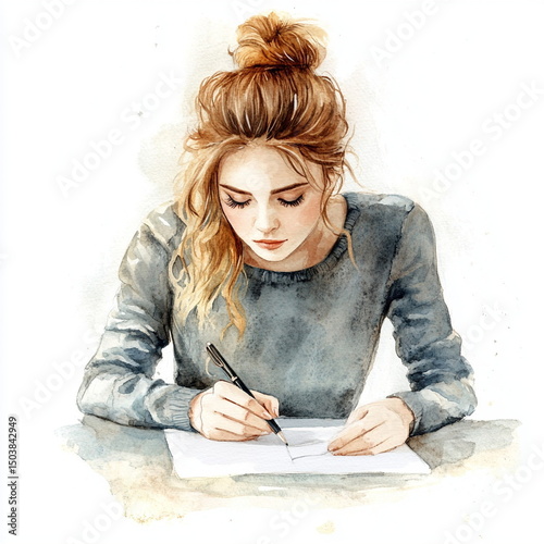 Wallpaper Mural Watercolor illustration beautiful young woman writing a letter. Girl student Torontodigital.ca