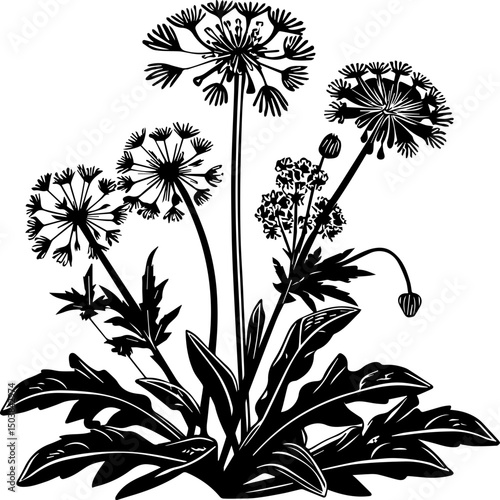 SVG illustration of roadside flowers.Black and White Floral Silhouette with Detailed Flower Design