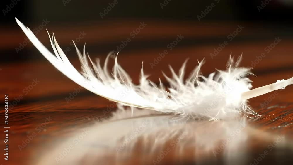 Close-up of a delicate white feather on a dark wooden surface