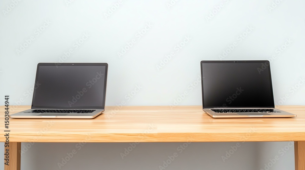 Fototapeta premium Modern workstations with laptops on a wooden table.