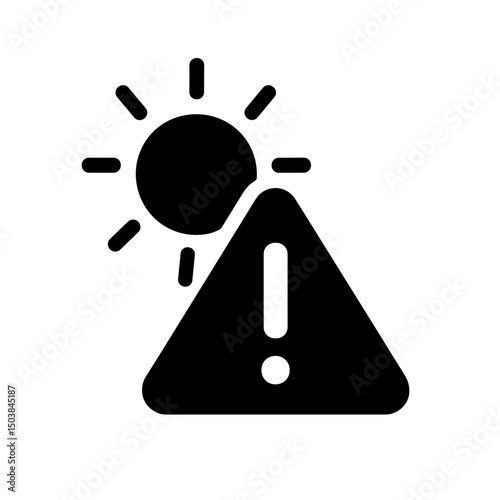 Heat warning icon with sun and alert symbol in black style