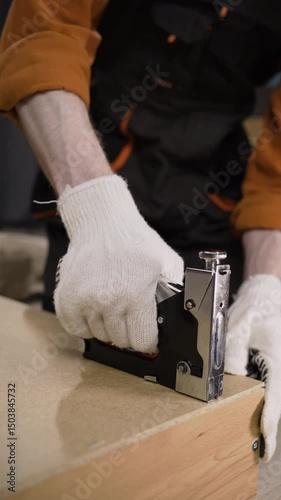 Handyman using stapler to assemble furniture