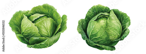 Close-up of two vibrant green cabbages with detailed leaves, isolated on a white background, showcasing freshness and organic quality