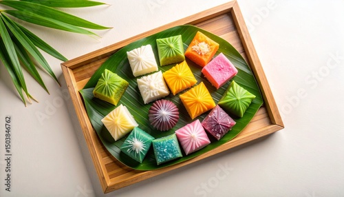 Traditional Kuih Desserts in Vibrant Colors on Rustic Wooden Tray photo