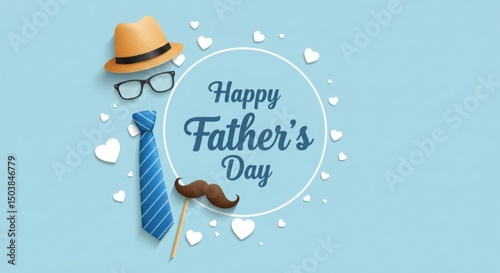 Happy fathers day card with hat glasses tie mustache