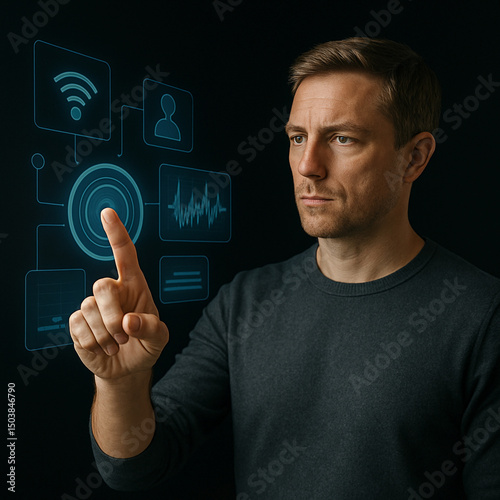 Realistic Portrait of Man Using Futuristic Holographic Interface Indoors