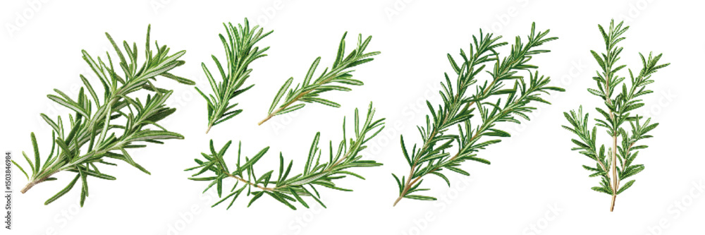 Fresh green rosemary sprigs arranged on a white background showcasing their vibrant and aromatic leaves Fresh green rosemary sprigs arranged on a white background showcasing their vibrant and aromatic leaves