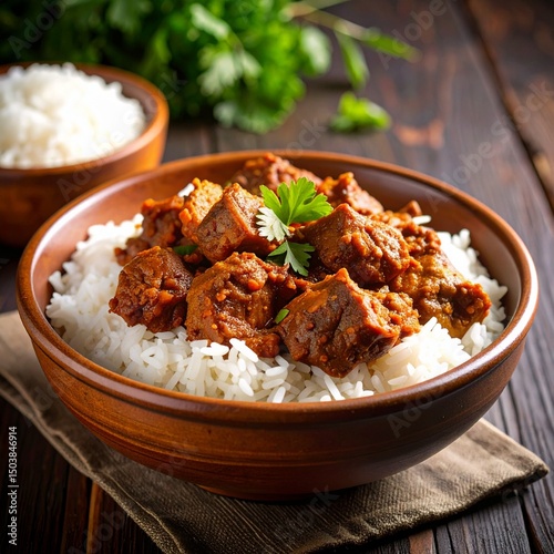 Rustic Clay Bowl of Beef Rendang with White Rice Full Frame photo