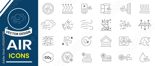 Blowing air, wind line icon set. Collection of blowing air symbol and sign. Weather, blowing, breeze windy blow outline collection with editable stroke. Vector illustration.