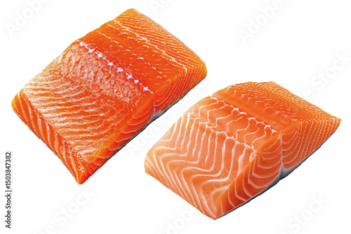 Fresh raw salmon fillets with vibrant orange color, showcasing unique marbled texture on a white background