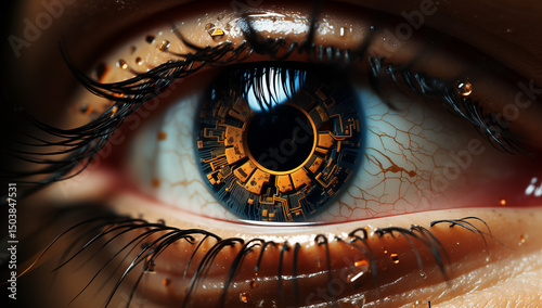 Close-up of eye with fiery detail and dramatic lighting, symbolizing power, insight, intensity or fantasy themes