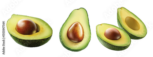 Freshly cut avocados showcasing pits, vibrant green flesh, and varied slices on a white background