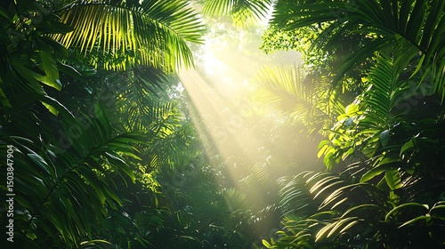 Fototapeta Naklejka Na Ścianę i Meble -  Lush jungle leaves glowing under sunlight high resolution picture