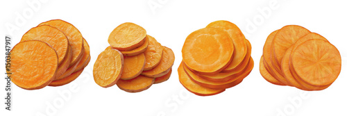 Slices of sweet potato arranged on a white background showcasing different thickness and styles of presentation