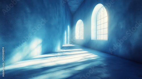 Illuminated blue corridor with arched windows and soft shadows