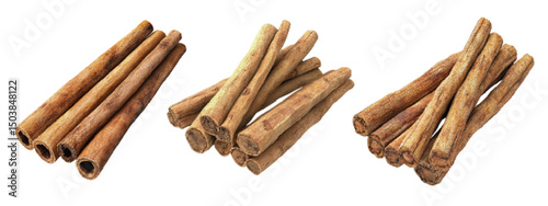 Bundles of cinnamon sticks arranged in varying orientations on a white background showcasing their texture and color variations
