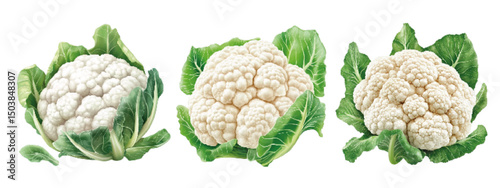 Fresh cauliflower heads with green leaves arranged in a row on a white background
