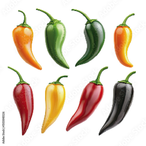 Colorful assortment of fresh chili peppers in various shades arranged on a white background