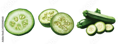 Fresh cucumber slices arranged with whole cucumbers on a white background showcasing their vibrant green color and texture