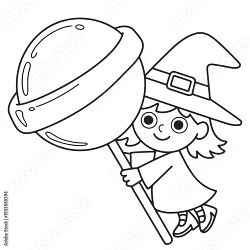 Whimsical Witch Girl Holding Giant Lollipop Wearing Oversized Hat – Cute Halloween Line Art
