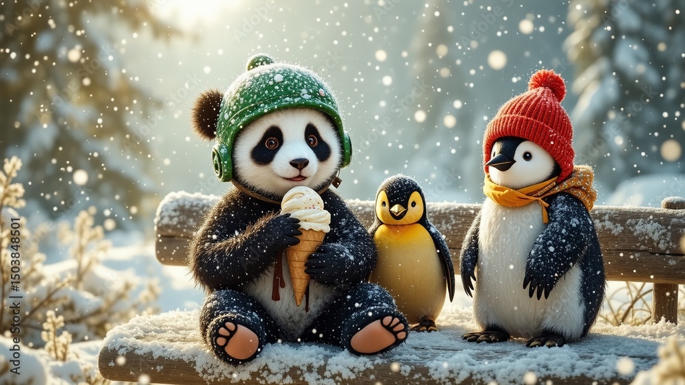 Fototapeta premium Snowy Park Picnic: Panda, Chick, and Penguins