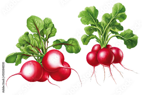 Fresh red radishes with green leaves displayed prominently against a white background, showcasing their natural allure and vibrant colors