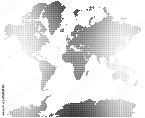 Dotted world map. This abstract dotted world map displays each landmass and region through minimalistic design. The dotted world map balances style, detail, and modern presentation.