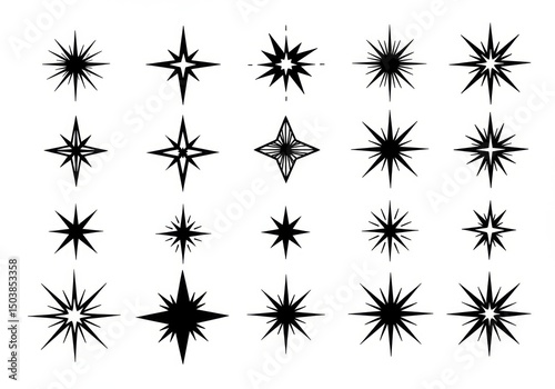 Black-and-white illustration of 15 varied star shapes in a grid.