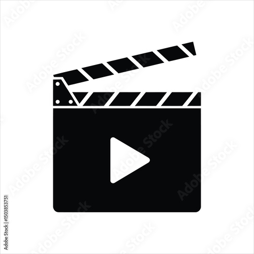 Black and white movie clapperboard icon with a play button for video and film concept.